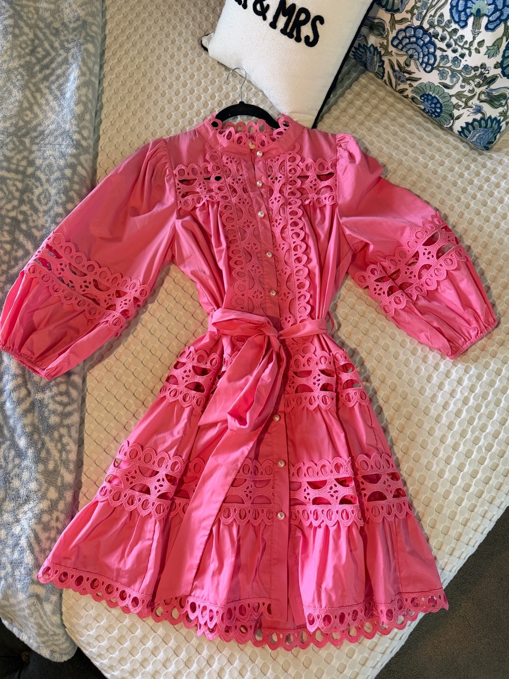 entro Pink Eyelet Lace Belted Mini Dress